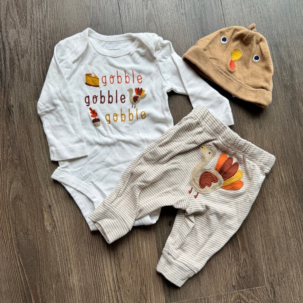 Carter's Baby Thanksgiving Turkey Outfit 3 Mos Gobble Bodysuit Striped Pants Hat